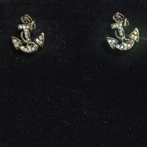 Brass-toned and Rhinestone Anchor Stud Earrings, 0.5"